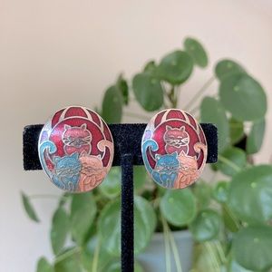 Vintage 90s Cloisonné Cat Clip on Earrings Cat Lady Enamel Earrings